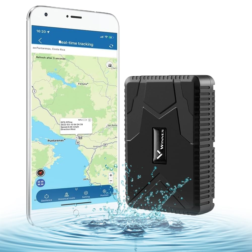 Winnes GPS Car Tracker Real-time Location Tracking Anti-theft Vibration/Losing/Over-speed/Geo-fence Alarm,10000mAh Big Battery, Strong Magnetic Free Mount, IP65 Waterproof, No Subscription, Free APP