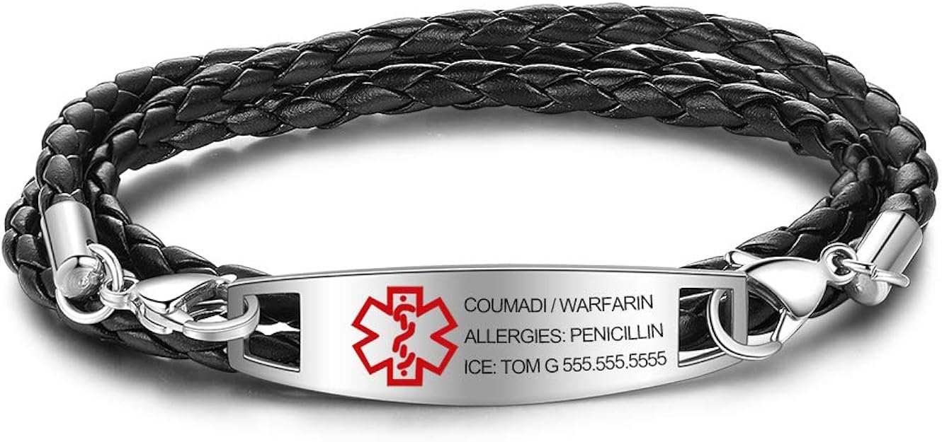 Gaosh Nom Personnalisé Bracelets D'alerte Médicale En Cuir Argent