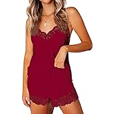 CHYRII Women's Sexy Silk Satin Pajamas Sets Lace Trim Cami Tops Shorts Sleepwear