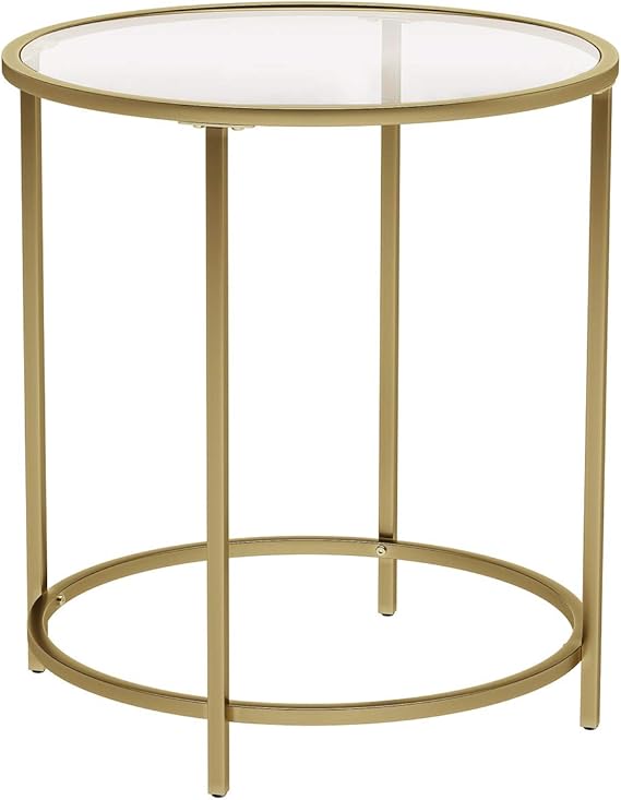 VASAGLE Round Side Table, Tempered Glass End Table with Golden Metal