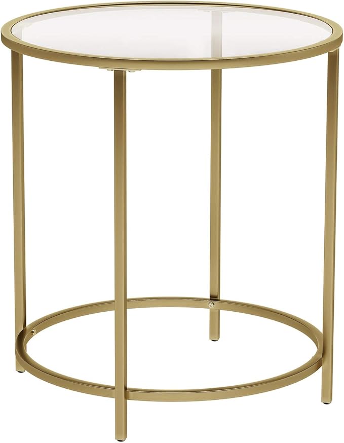 VASAGLE Round Side Table, Tempered Glass End Table with Golden Metal