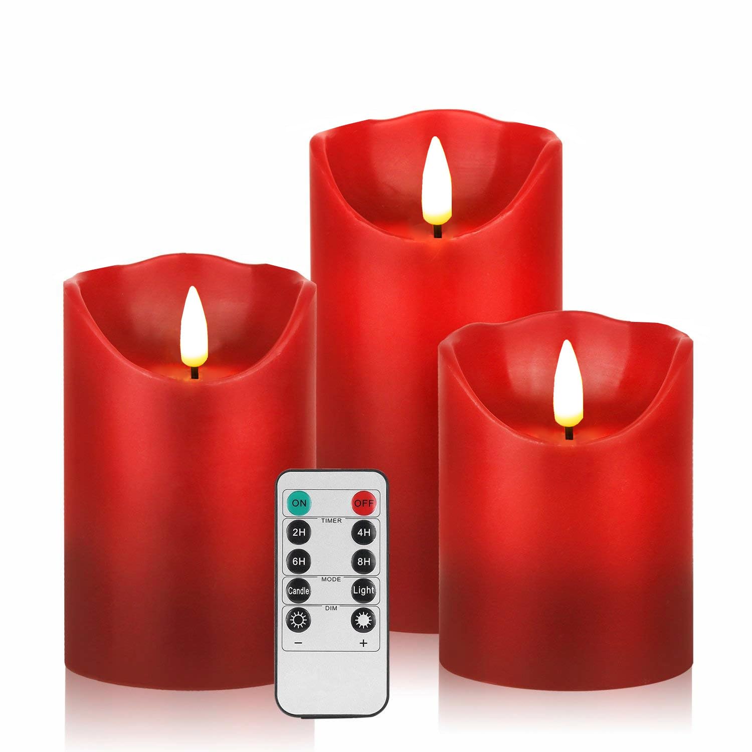 Photo 1 of HEIOKEY 3 Pack Red Flickering Flameless Candle Set, Battery Operated Candles with 10-Key Remote Control, Electric Pillar Candle with Timer, Dancing Flames Real Wax Fake Candle for Festive Celebrations