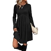 OFEEFAN Long Sleeve Dress for Women Crew Neck Empire Waist Tunic Dress with Pockets