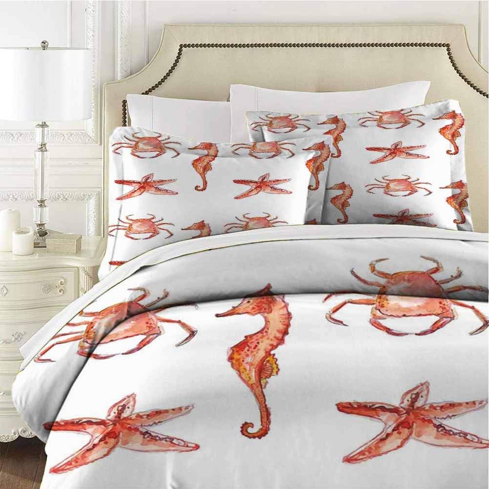 Nautical Bedding 3-Piece Full Bed Sheets Set,Bedding Set Full All Season Quilt Set Crab Seahorse Starfish Hand Drawn Ultra Soft and Breathable Comforter Cover