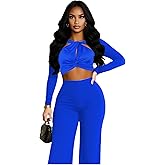 Sexy Two Piece Outfits for Women Fall Winter Long Sleeve Twist Front Crop Top Pants Set Party Club Outfits