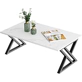 Wolawu Coffee Table White Living Room Center Table, Simple Modern Faux Marble Rectangular Tea Table with Sturdy Black Metal Frame,Industrial Wooden Coffee Table for Bedroom Home Office