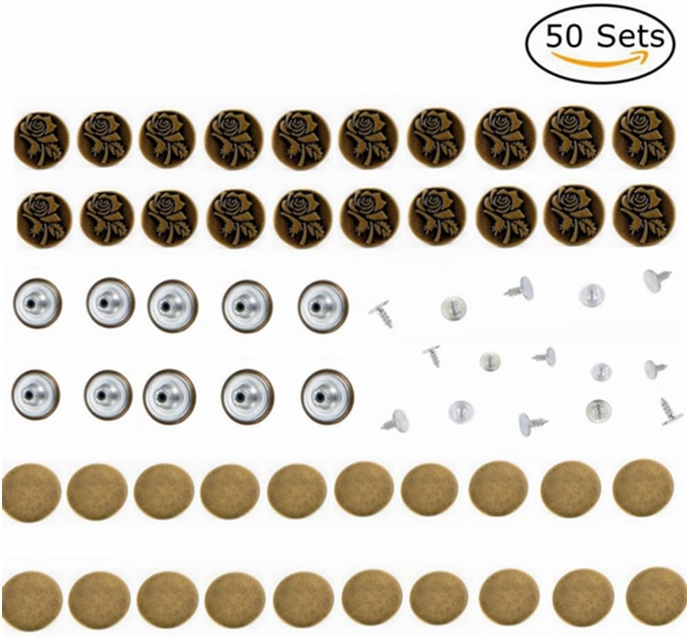YALEX 50 Sets Jeans Buttons Metal Button Snap Buttons Replacement Kit with Rivets,2 Styles, Bronze