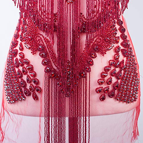 Waterfall Dangling Bodice Applique, FAGNZHIDI Red Handmade Large Bridal Rhinestone Patch for Sewing on Wedding Dress, Evening Prom, Gouture Gown. Best for Photograph Shot, Performance, Designer