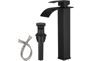 Bathfinesse Vessel Sink Faucet Waterfall Bathroom Faucet Matte Black Stainless Steel Tall Single Handle One Hole Deck Mount Bowl Vanity Sink Faucet with Pop-up Drain Stopper