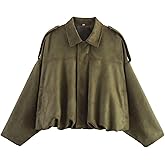 WOWULOVELY Women's Faux Suede Bomber Jacket Lapel Pilot Pocket Coat Casual Oversized Long Dolman Sleeves Spring Outerwear