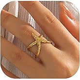 Nojess Starfish Statement Ring For Women Stainless Steel Seashell Rings Opening Adjustable Gold Silver Starfish Ring Irregular Beach Rings Summer Beachy Ocean Jewelry Gift