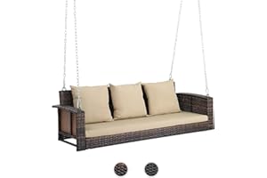 VINGLI Heavy Duty 800 LBS Wicker Hanging Porch Swing with Cushions & Chains, 5FT Outdoor Rattan Swing Bench for Garden, Yard, Lawn (Brown)