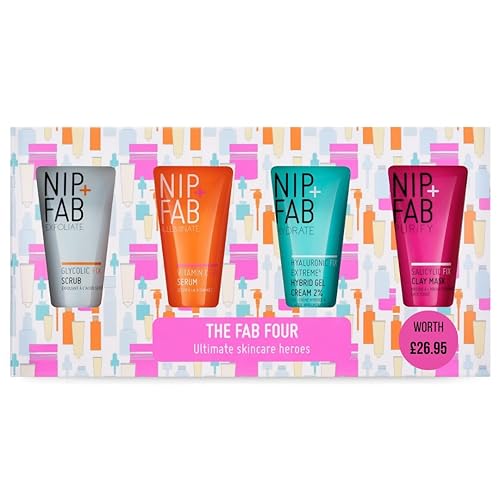 Nip + Fab The Fab Four Gift Set, Includes Bestselling Glycolic Scrub, Vitamin C Serum, Hyaluronic Hybrid Gel Cream and Salicylic Clay Mask, Perfect Gift for Secret Santa, Stocking Filler