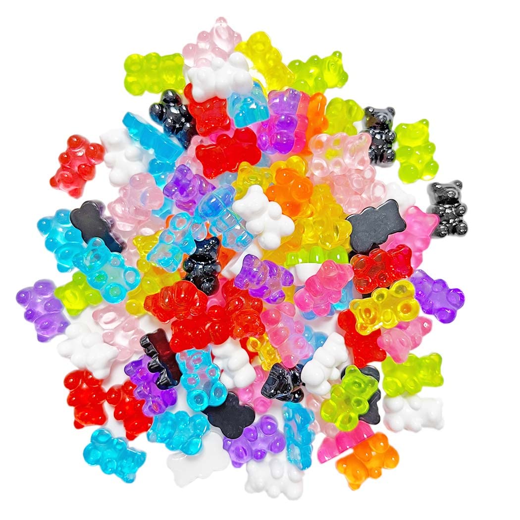 Borsgye Pack of 100 Resin Candy Gummy Bear Charms Beads Pendants Embellishments Flatbacks Cabochons Deco Bears for DIY Necklace Keychain Brooch Earring – Random Color, Resin