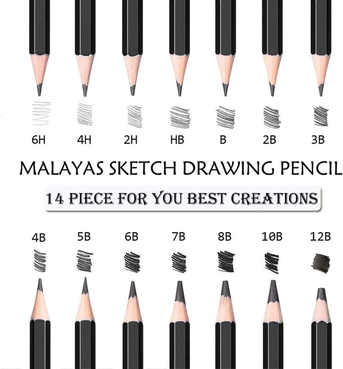 Malayas Drawing Sketch Pencil Set 14pcs Sketching Pencils 12B 10B 8B 7B 6B 5B 4B 3B 2B B HB 2H 4H 6H Graphite Pencils for Kid Adults Artists Student Beginners Professional - Image 3