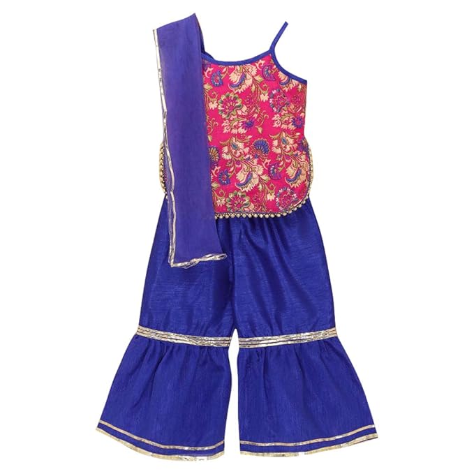 Kid1 By Hopscotch Girls Dupion Short Kurti With Gota Lace Sharara in Blue Color