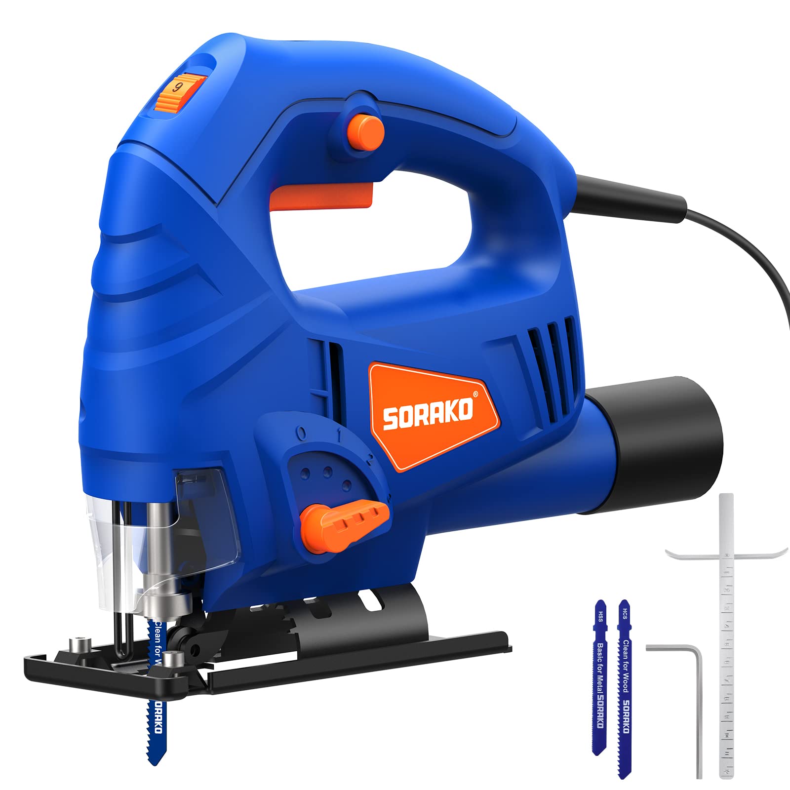 SORAKO 600W Corded Jigsaw for Wood & Metal | 800-3000SPM Electric Jigsaw with 6 Speeds + 3 Orbital Settings | 45° Bevel Cutting, 60mm Wood Cutting Depth