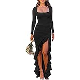 BORIFLORS Women's Ruched Bodycon Maxi Dresses Mesh Long Sleeve Square Neck Ruffle Hem Cocktail Party Dress