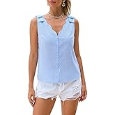 Women's Scalloped Tops V Neck Sleeveless Top Striped Tank Top Summer Casual