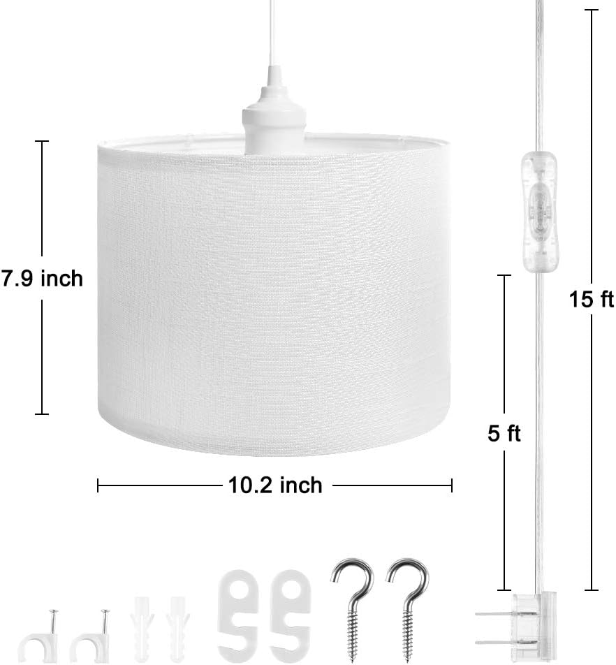 QITIM 2 Pack Plug in Pendant Light Indoor, White Linen Shade Hanging Light Fixture for Kitchen, Living Room, Dining Table, 15FT Clear Cord with On/Off Switch, E26 Socket - - 