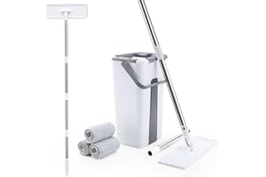 FEBLOMST Mop and Bucket with Wringer Set for Home, Flat Mops Floor Cleaning System with 3 Washable Microfiber Pads, 2-in-1 Bucket Separate Dirty and Clean Water, 27-48.5 in Adjustable Long Handle