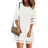 LookbookStore Women Casual Crewneck Mesh Panel 3/4 Bell Sleeve Loose Tunic Dress