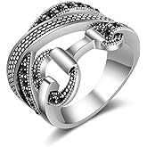 Mytys Statement Ring Art Deco Vintage Black Crystal Rhinestone Ring, Gothic Chunky Wide Band Cocktail Ring Silver Plated Women Fashion Jewelry