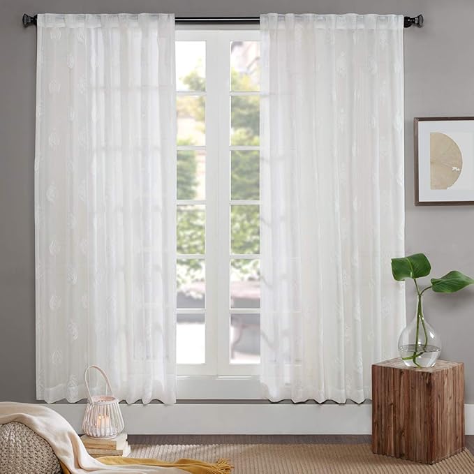 Gardine Schals Voile Aria Vorhänge mit versteckten Schlaufen & edel Stickerei Wohnzimmer Modern, Offwhite (2er-Set, je 175x14