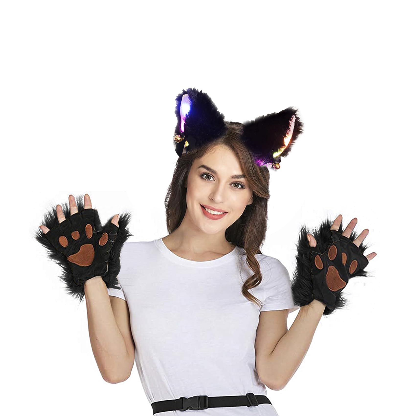 Furry Fox Cat Ears Headband Paw Gloves Set, Men Women Halloween Costume Faux Fur Bear Wolf Claw Gloves Light Up Hairband Cosplay Party Dress Up Props Christmas Party Headwear Supplies