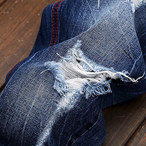 Edenun Men's Vintage Hole Motorcycle Denim Jeans Straight Folds Wash Work Frayed Printed Zipper Basic Pants Blue