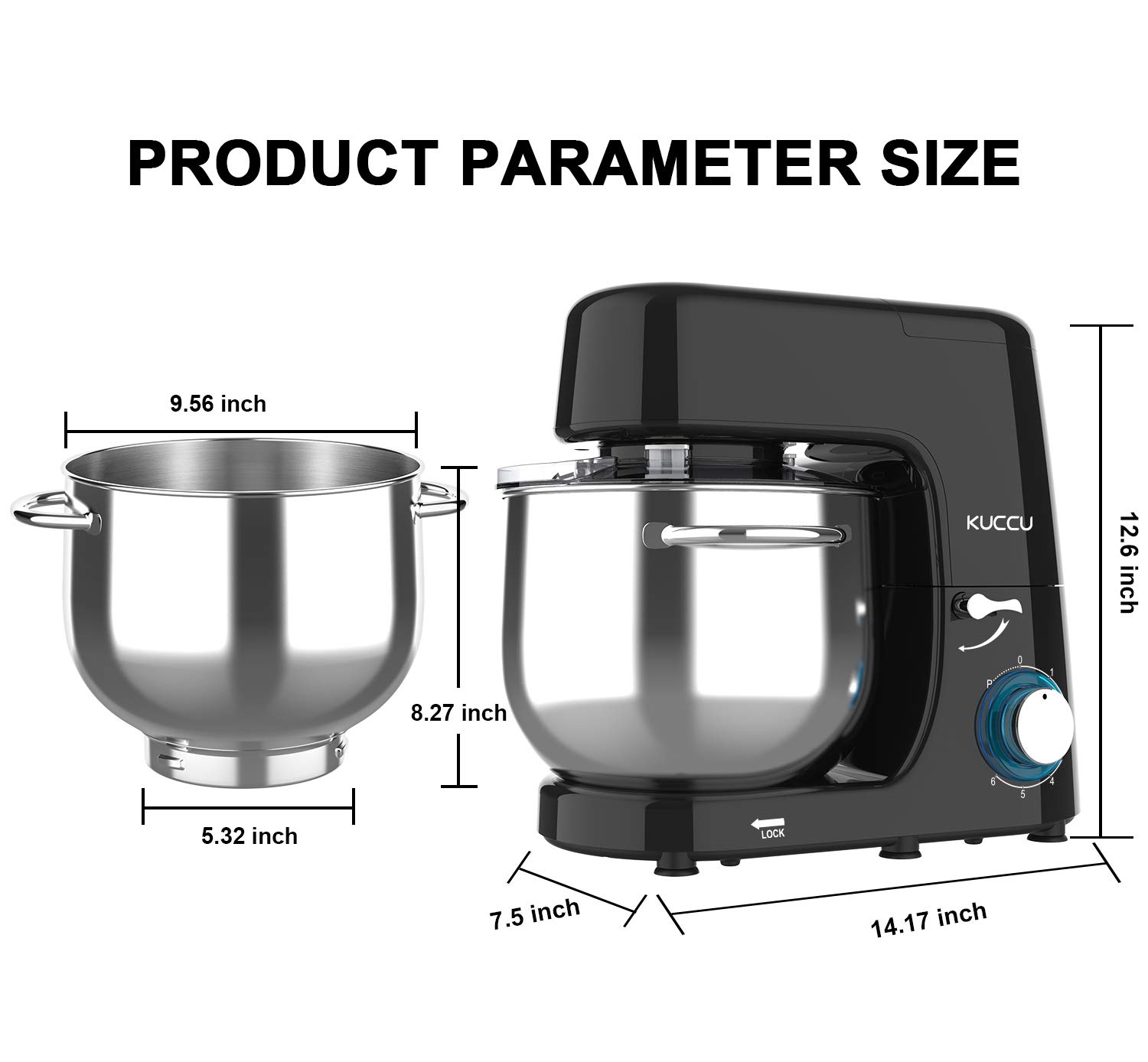 Kuccu Stand Mixer, 8.5 Qt 660W, 6-Speed Tilt-Head Food Dough Mixer, Electric Kitchen Mixer with Dough Hook, Flat Beater & Wire Whisk, Mixing Bowl (8.5-QT, Black)