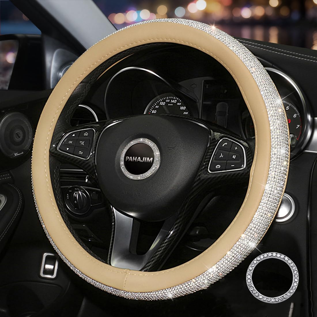 Pahajim Car Steering Wheel Covers with Sparkly Diamond,Glitter Diamante Steering Wheel Wrap Bling Accessories for Women Ladies (beige-white)