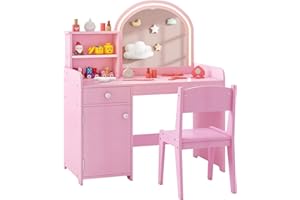 Costzon Kids Vanity, Girls Vanity Set with Mirror and Stool and Lights, Makeup Vanity Desk with Lights, Drawer & Storage Cabinet, Wooden Dressing Table, Vanity Table and Chair Set (Pink)