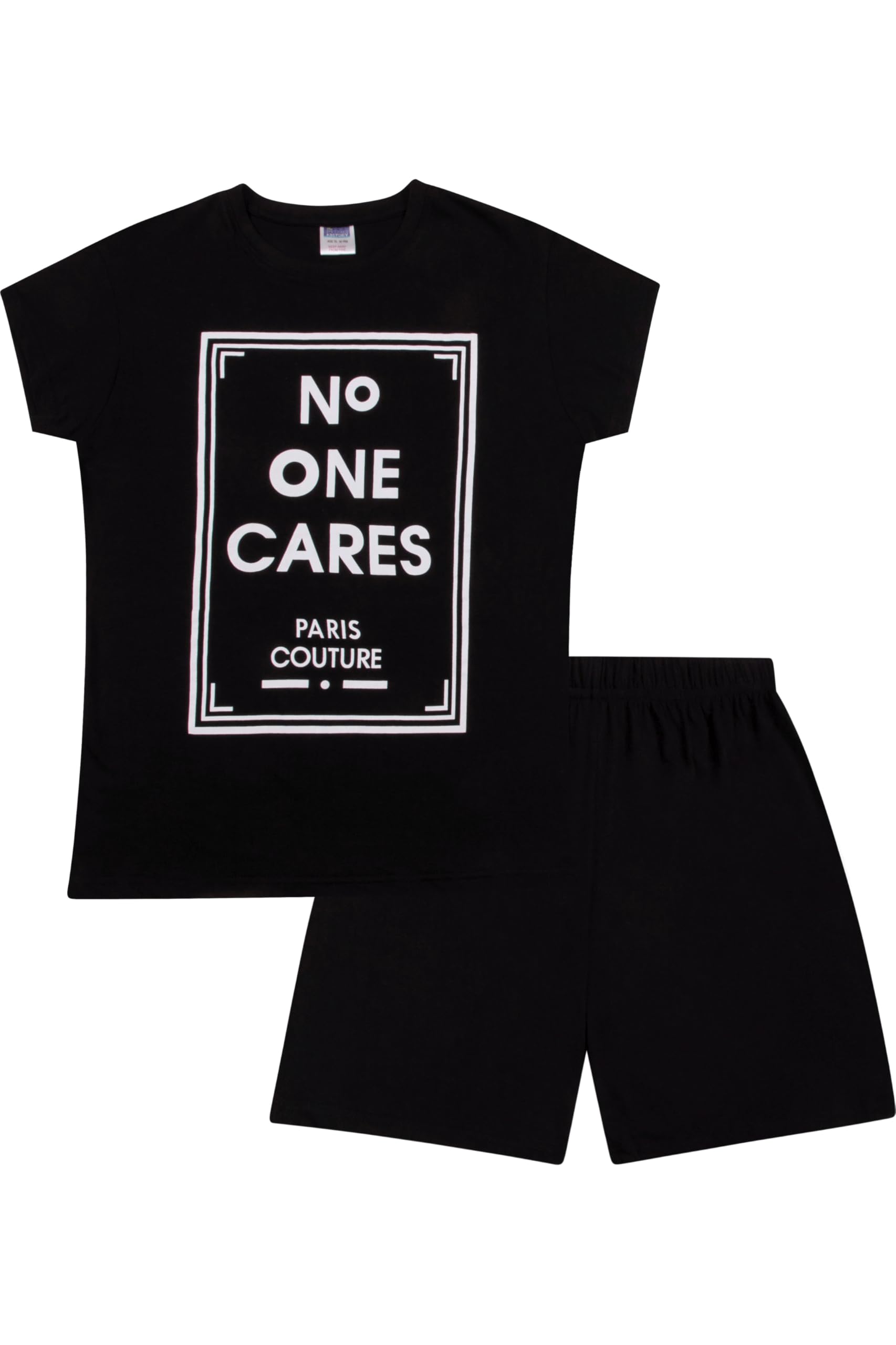 ThePyjamaFactory Girl's No One Cares Paris Couture Short Cotton Pyjamas Pjs 9 to 16 Years (13-14 Years) Black