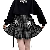 RILGOU Harajuku Kawaii Goth Style Casual Elastic High Waisted Vintage Knot-Bow Trim Plaid Skirt for Women