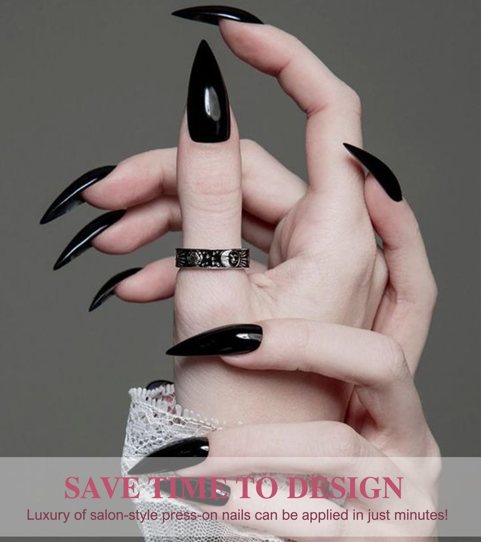 Black Press On Nails - Aegenacess Jelly Stiletto Fake Nails with Glue Sticker, Press On Nails Long, Glossy Stick On Nails in 12 Sizes, 24PCS Glue On Nails - Image 3