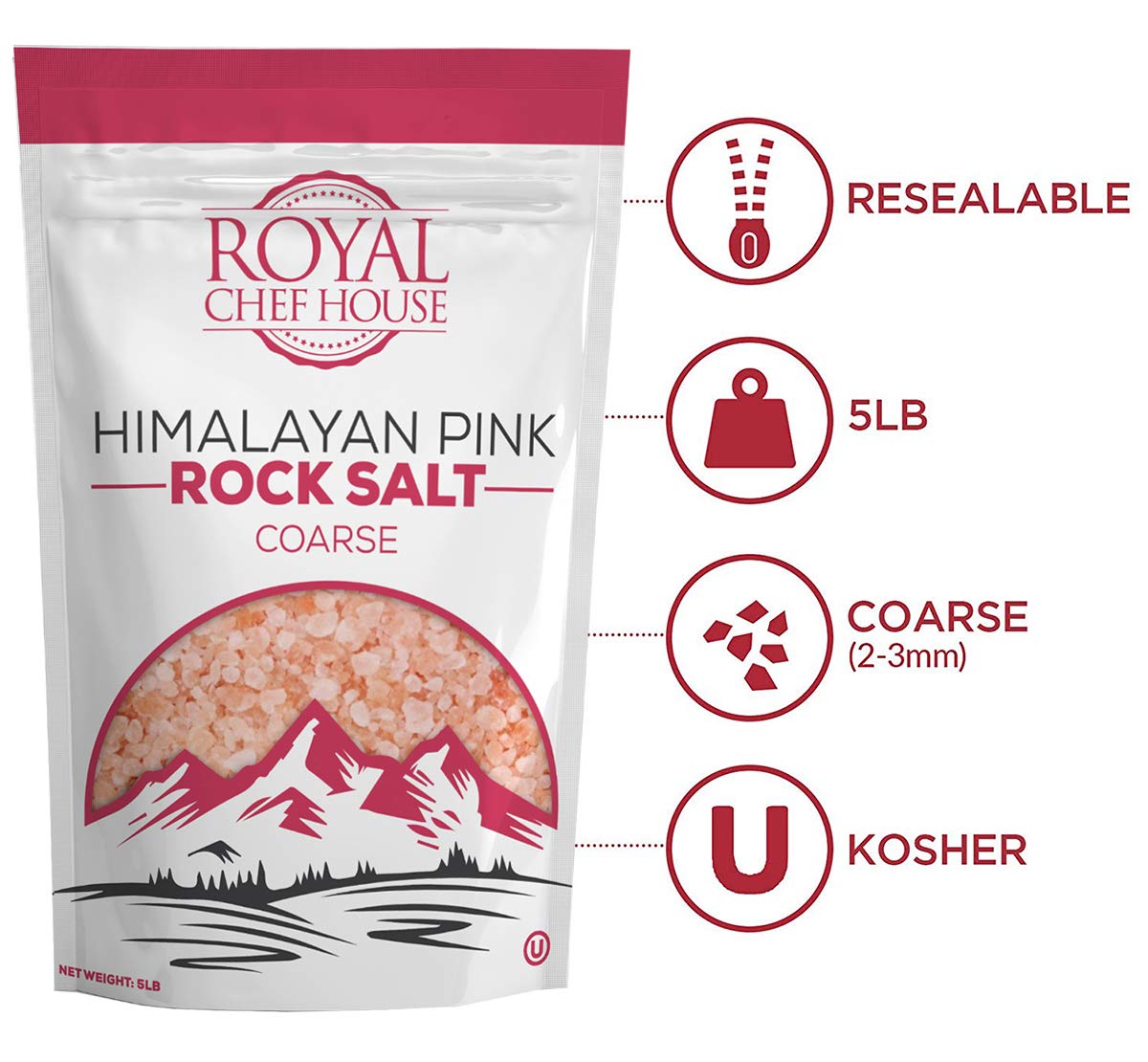 Himalayan Pink Salt 5 lbs Coarse Grain Bulk Bag - Hymalain Pure Gourmet Crystals - Himilian 100% Natural - Contains 84 Minerals -Suitable for Body Bath Scrubs Table Salt Grinder & Salt Mills - Kosher : Grocery & Gourmet Food