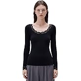 SUUKSESS Cloud Cashmere Women Lace Scoop Neck Tops Basic Long Sleeve Knit Shirts