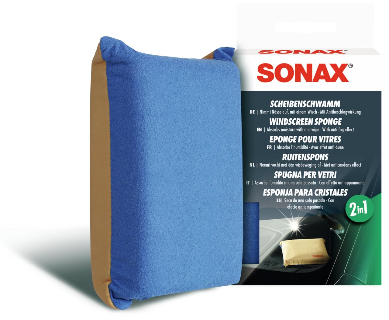 SONAX Windscreen Sponge (1 Piece) - Absorbs Moisture with One Wipe and Leaves a Thin Film with an Anti-fog Effect | Item No. 04171000