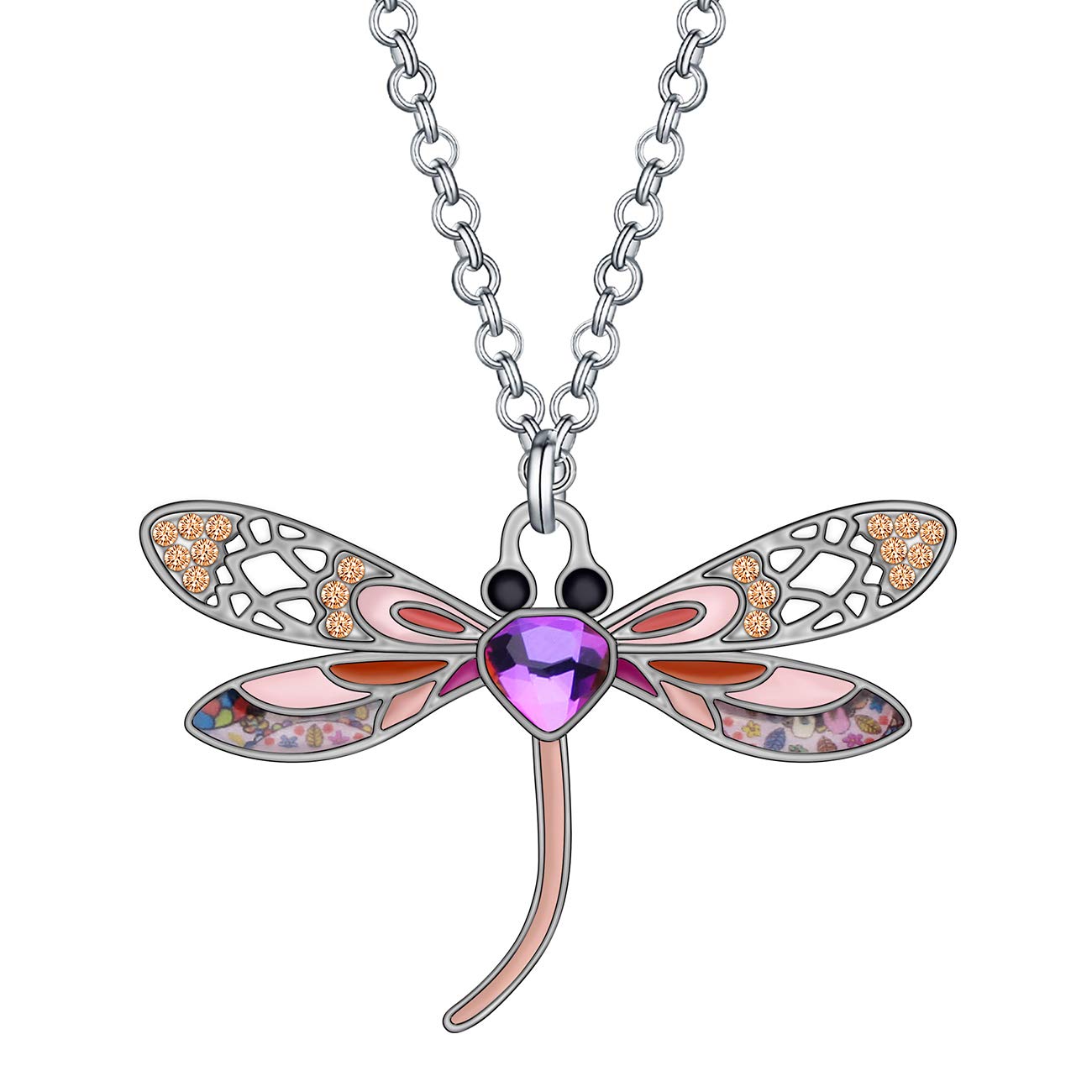 BONSNY Statement Enamel Rhinestone Dragonfly Necklaces Pendant Original Design Gifts for Women Nature lover Jewelry (Rose)