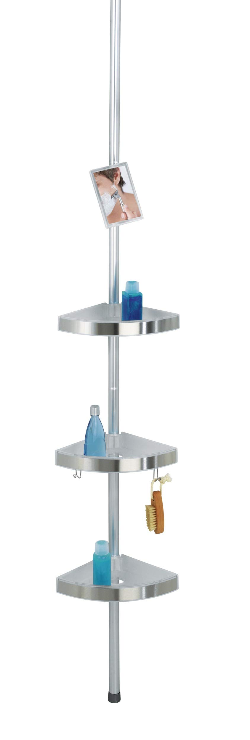 Wenko 20349100 Telescopic Shower Corner Element Premium 3 Shelves, 2 Hooks and Mirror, Metal Aluminium, 27.5 x 70260 x 20 cm, Satinised