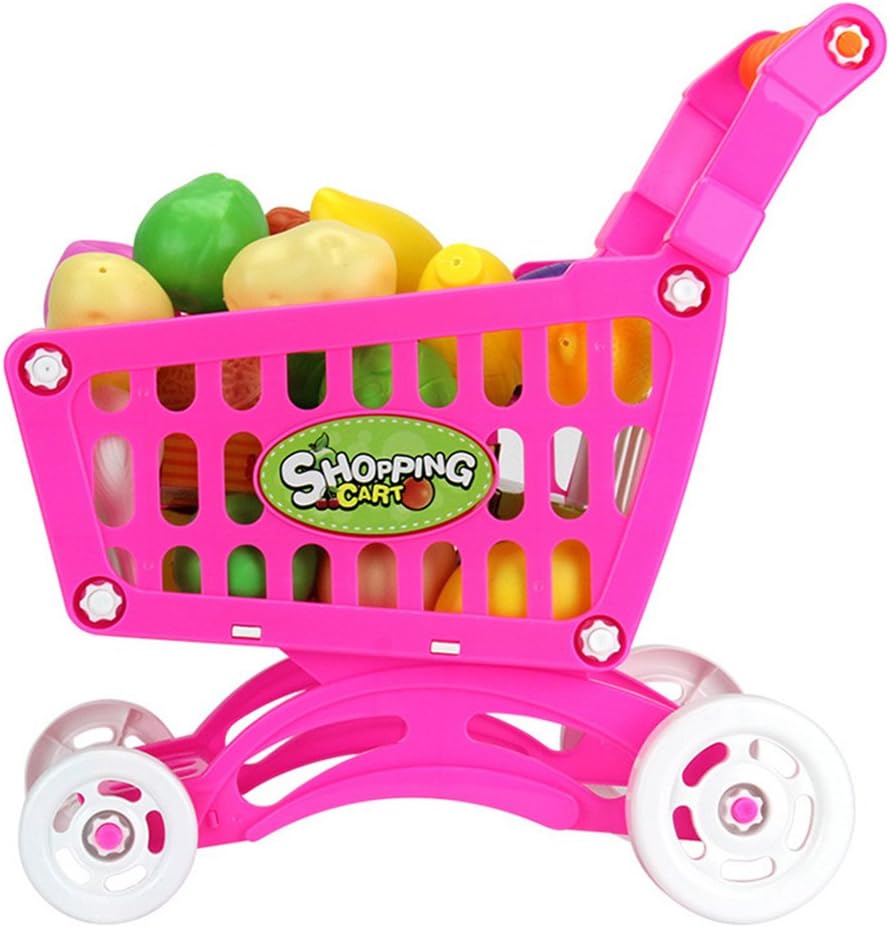 discountstore145 Pre-Kindergarten Toys Pretend Play Tool Set Fruit Vegetable Food Shopping Trolley Toy Imaginative Play for Kids Pink