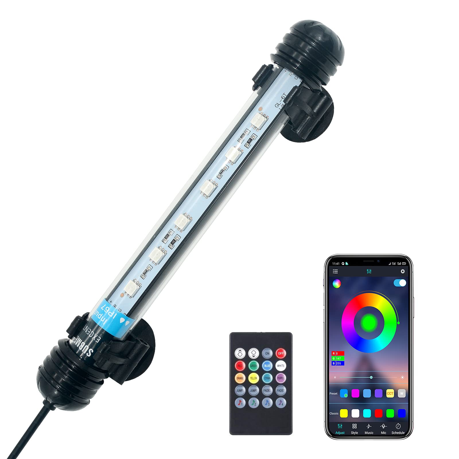 VARMHUS Submersible LED Aquarium Light,Fish Tank Light with Remote Controller&APP Control,DIY Full Spectrum Optional Color&Intelligent Timing and Dimming,29 Light Modes and 4 Music Modes RGB-19cm