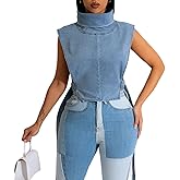 Novaorily Women 2023 Summer Fashion Causal Distressed Denim Vest Lace Up Crop Tops Relax Fit Light Jean Vest Jacket