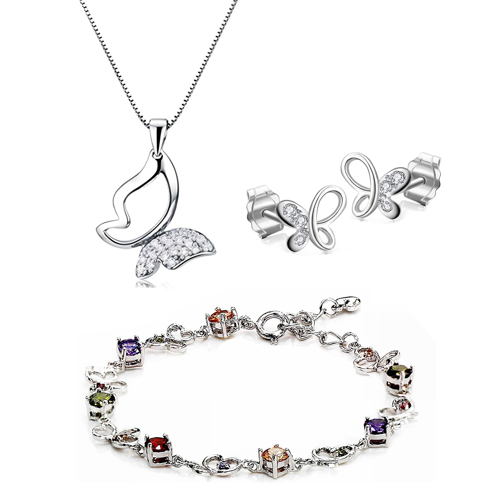 baobei jewellery Set for Women, Sterling Silver clear Crystal Zirconia butterfly Pendant Necklace and Earrings with Bracelet jewellery Set for Women and Girls, Birthday Gifts โ image 1