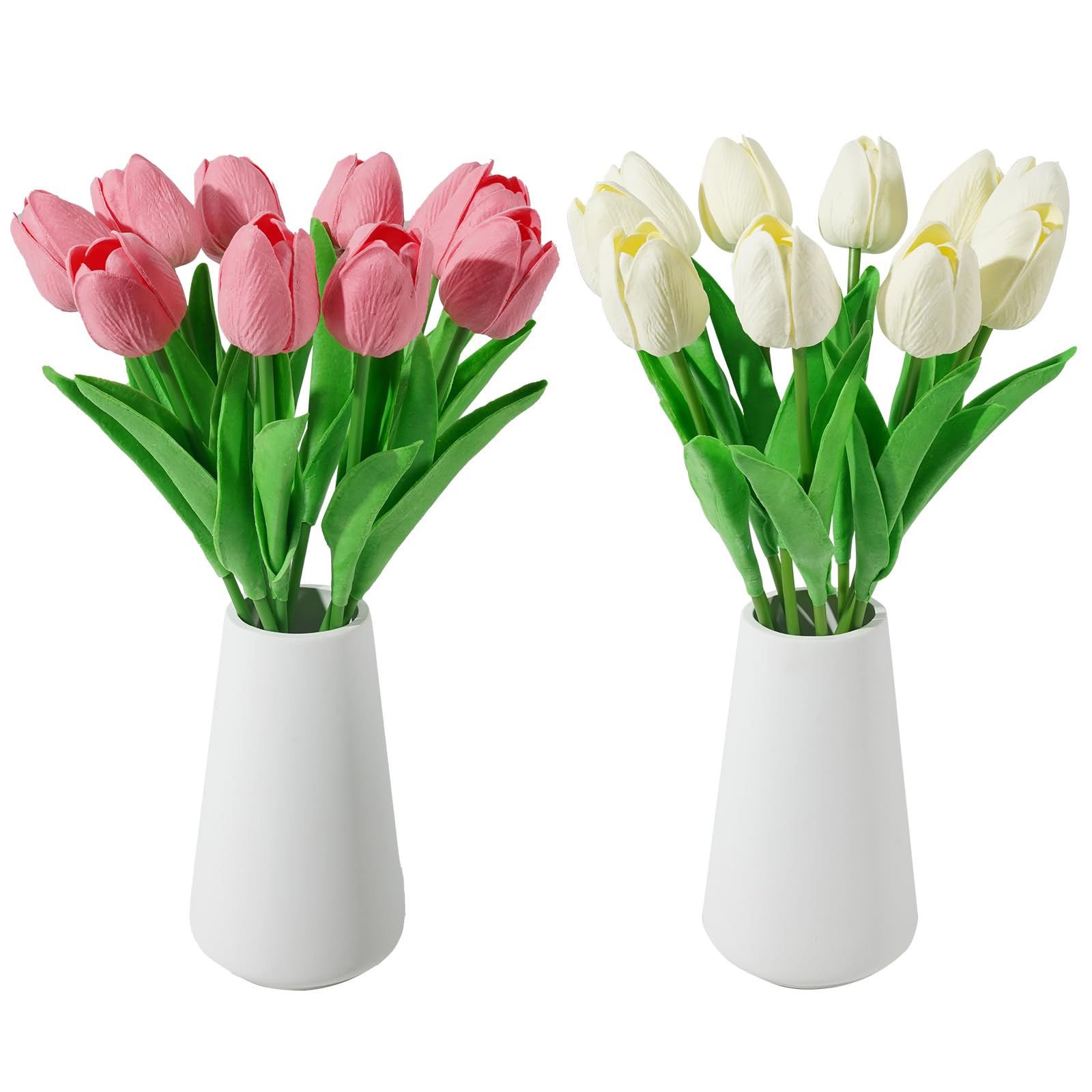 Photo 1 of **MISSING ONE VASE**
QTDHG Real-Touch Artificial Tulips with 2 Ceramic Vases, 20 Stems Faux Floral Arrangement Set, Spring Easter Table Centerpiece, Modern Farmhouse Decor