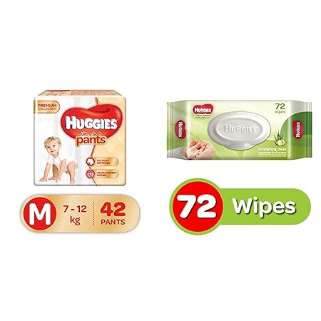 Huggies Ultra Soft Pants Diapers, Medium (Pack of 42) & Huggies Cucumber and Aloe Vera Baby Wipes (72 Count)