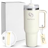 Sanica 40 oz tumbler with handle and straw | Flowstate 3-Position Lid | Smoothie Cup | Compatible for Travel Cup | Insulated Stainless Steel Tumbler | BPA-Free | Cream