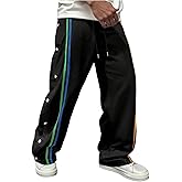 VIPWOLF Men's Rainbow Striped Baggy Sweatpants Y2K Drawstring Wide Leg Pants Snap Button Tear Away Track Pants