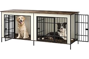 Erinnyees 79" Double Dog Crate Furniture, Extra Large Dog Cage Large Breed, Wooden Dog Crate TV Stand, Furniture Style Dog Kennel with Divider, Beige